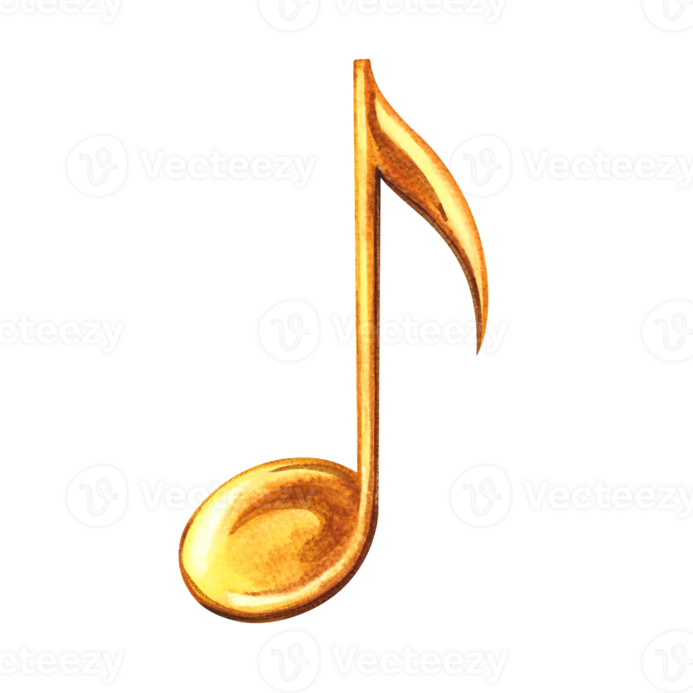 A golden musical note. The watercolor illustration is made by hand. Highlight it. For logos, badges, stickers and prints. For postcards, business cards, flyers and posters. png