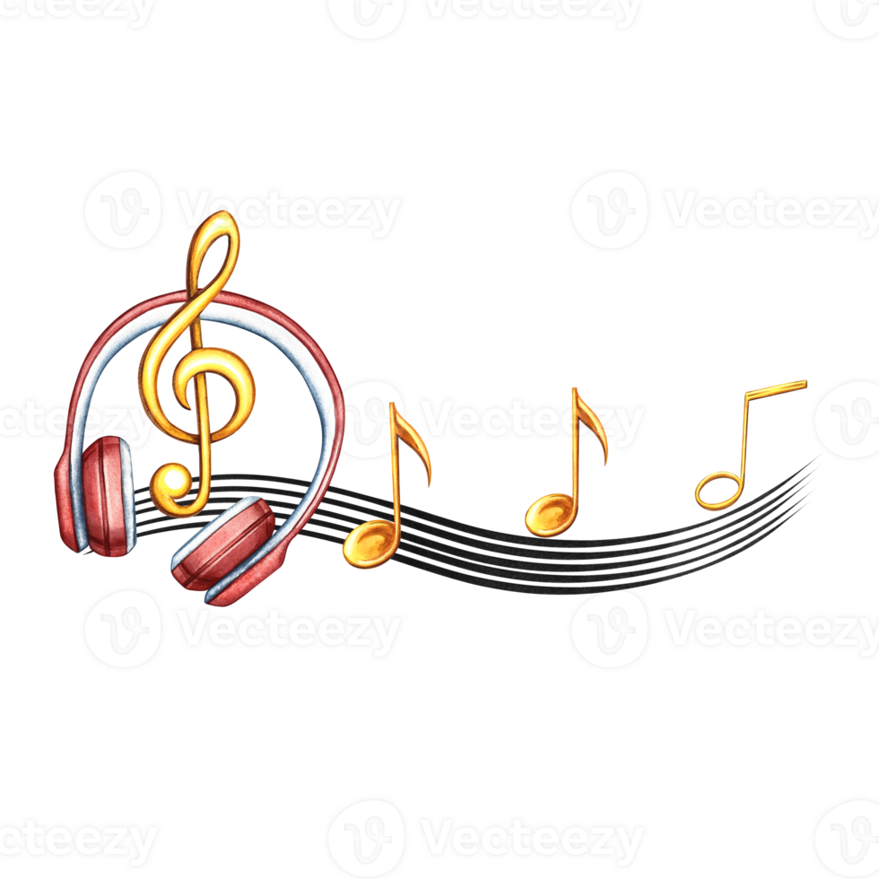 Red headphones musical notation and sheet music. The watercolor illustration is made by hand.For posters, flyers and invitation cards. For banners and postcards. For logos, badges, stickers and prints png