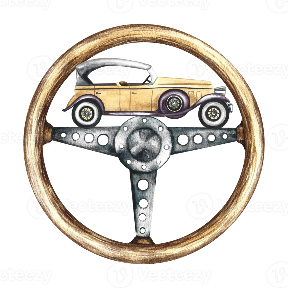 Vintage car and retro steering wheel. A watercolor illustration made by hand. Isolate. Great for stickers, prints, postcards and badges. png