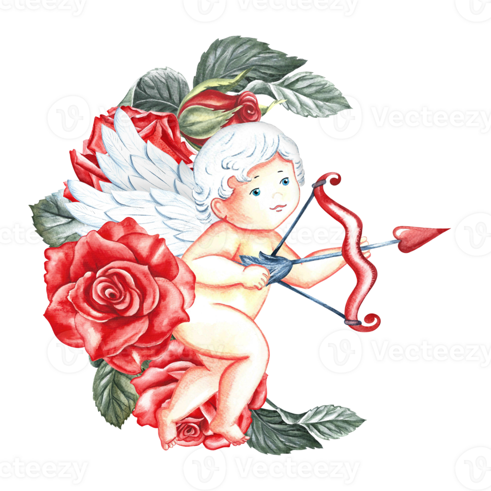A postcard for Valentine's Day or for a wedding. A cute cupid with a bow and arrow and red roses. Handmade watercolor illustration. Elegant Valentine card, congratulations, wedding invitation. png
