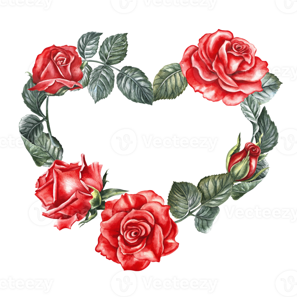 A Valentine's Day or wedding card with a wreath of red roses in the shape of a heart. Handmade watercolor illustration. The design of a floral valentine card. Wedding invitation, elegant greeting card png