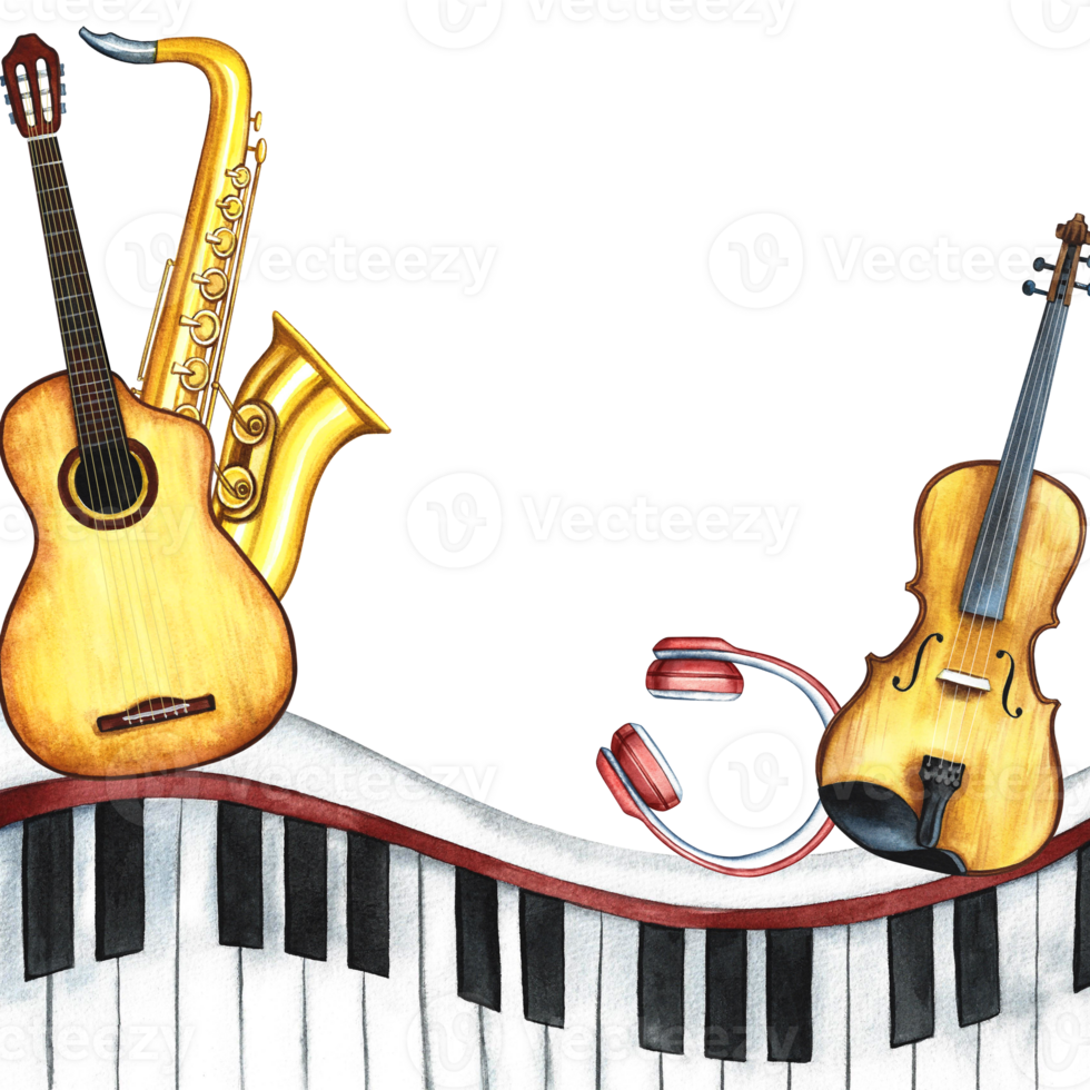 The border frame is musical with an image of a guitar, saxophone and violin, as well as piano keys. The illustration is made by hand in watercolor. For posters, flyers, invitation cards and packaging. png