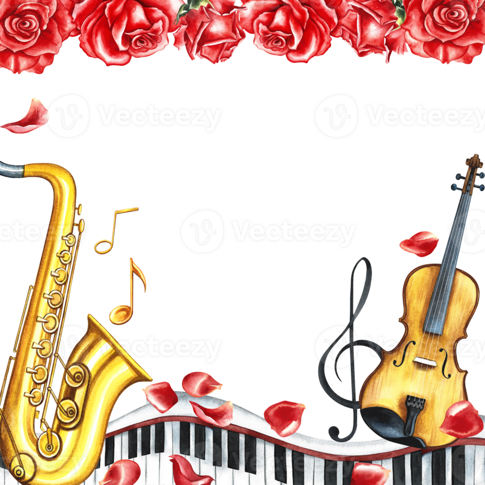 The frame is musical with an image of a saxophone, violin and piano keys. Decorated with roses. a hand-drawn watercolor illustration. For posters, flyers, invitation cards and postcards. png