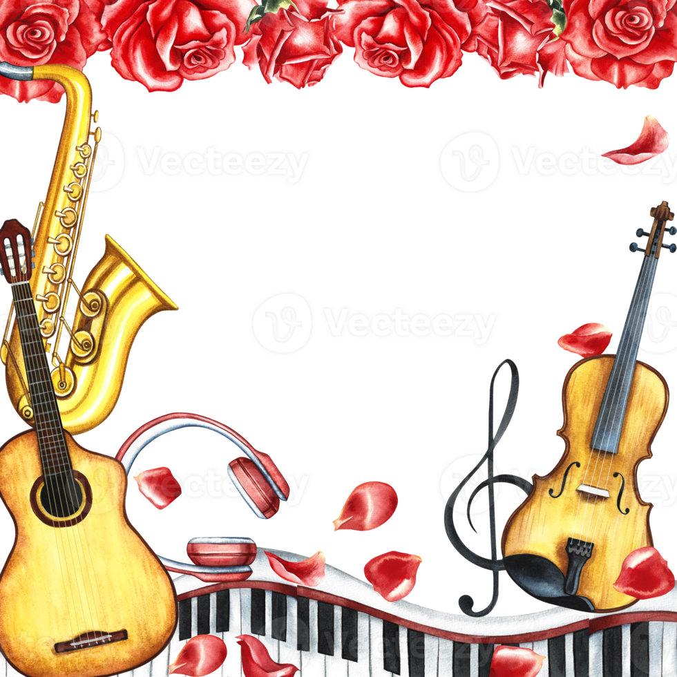 The frame is musical with an image of a guitar, saxophone and violin and piano keys. Decorated with roses. The illustration is made by hand in watercolor. For posters, flyers, invitation cards. png