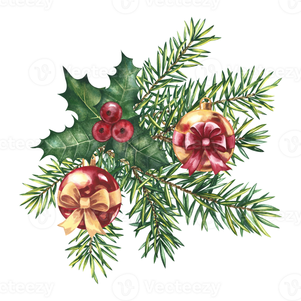 Christmas balls with bows on fir branches and holly. Handmade watercolor illustration. For a banner, ticket, flyer, postcard, invitation, poster. For labels and packaging, printing and stickers. png