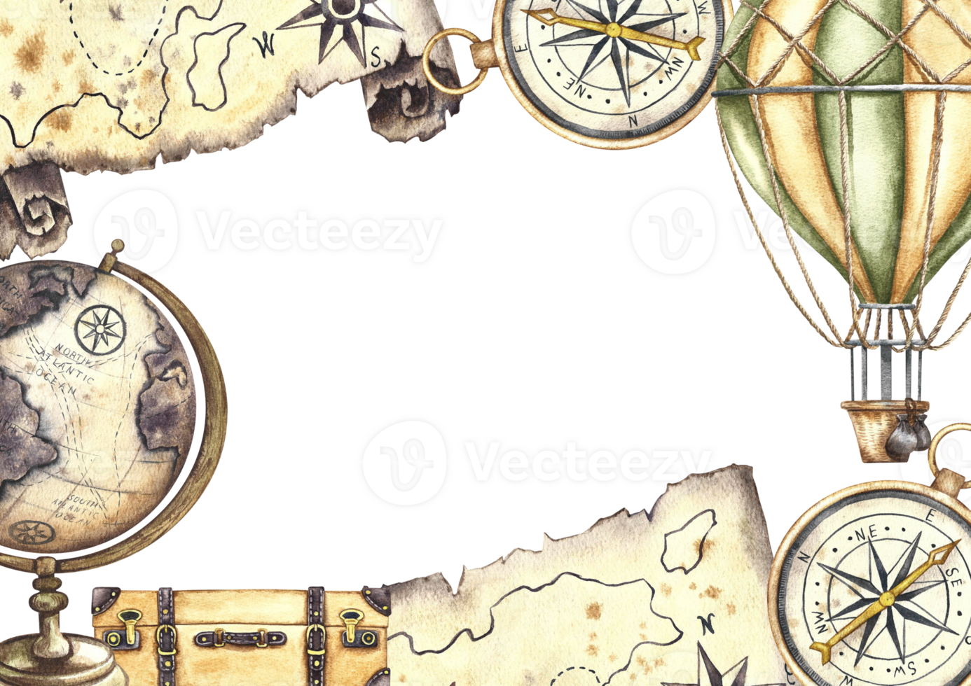 Vintage frame. Traveling by hot air balloon. A balloon with a basket and an ancient map of treasure island, a globe and a compass. A hand-drawn watercolor illustration. For banners, posters, postcards png