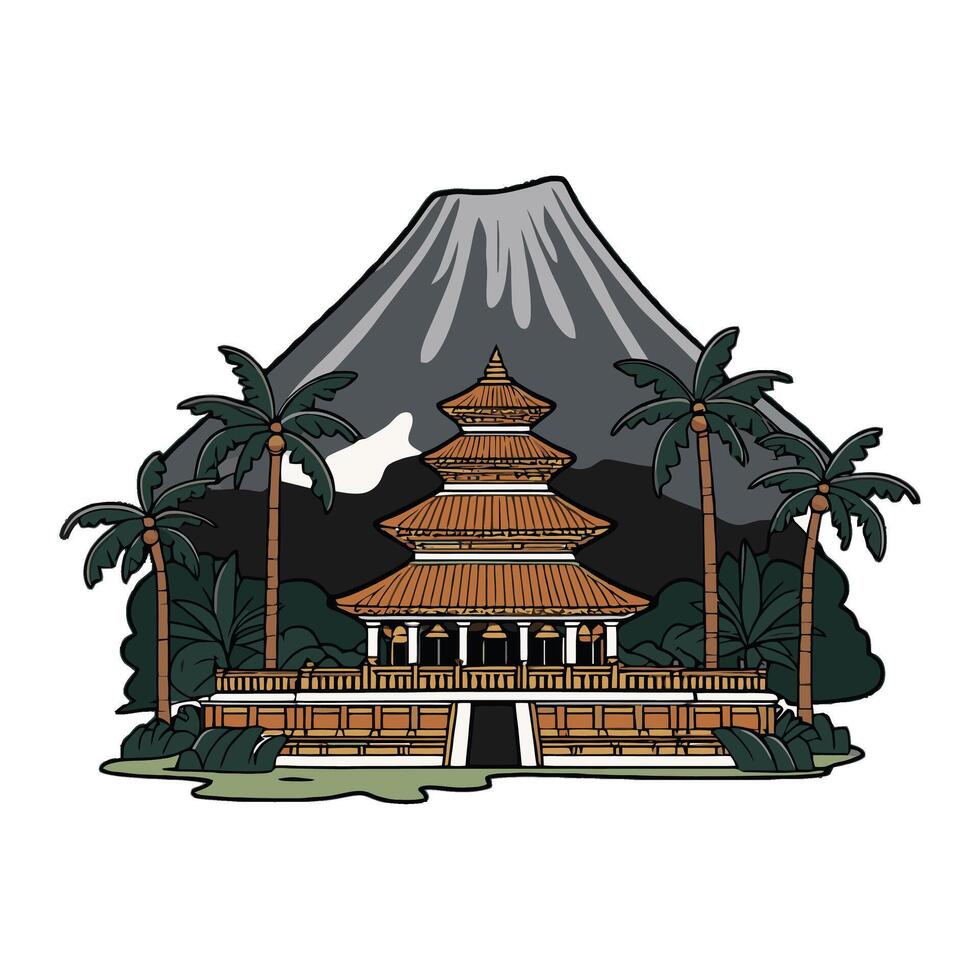 A pagoda with palm trees and a mountain in the background vector