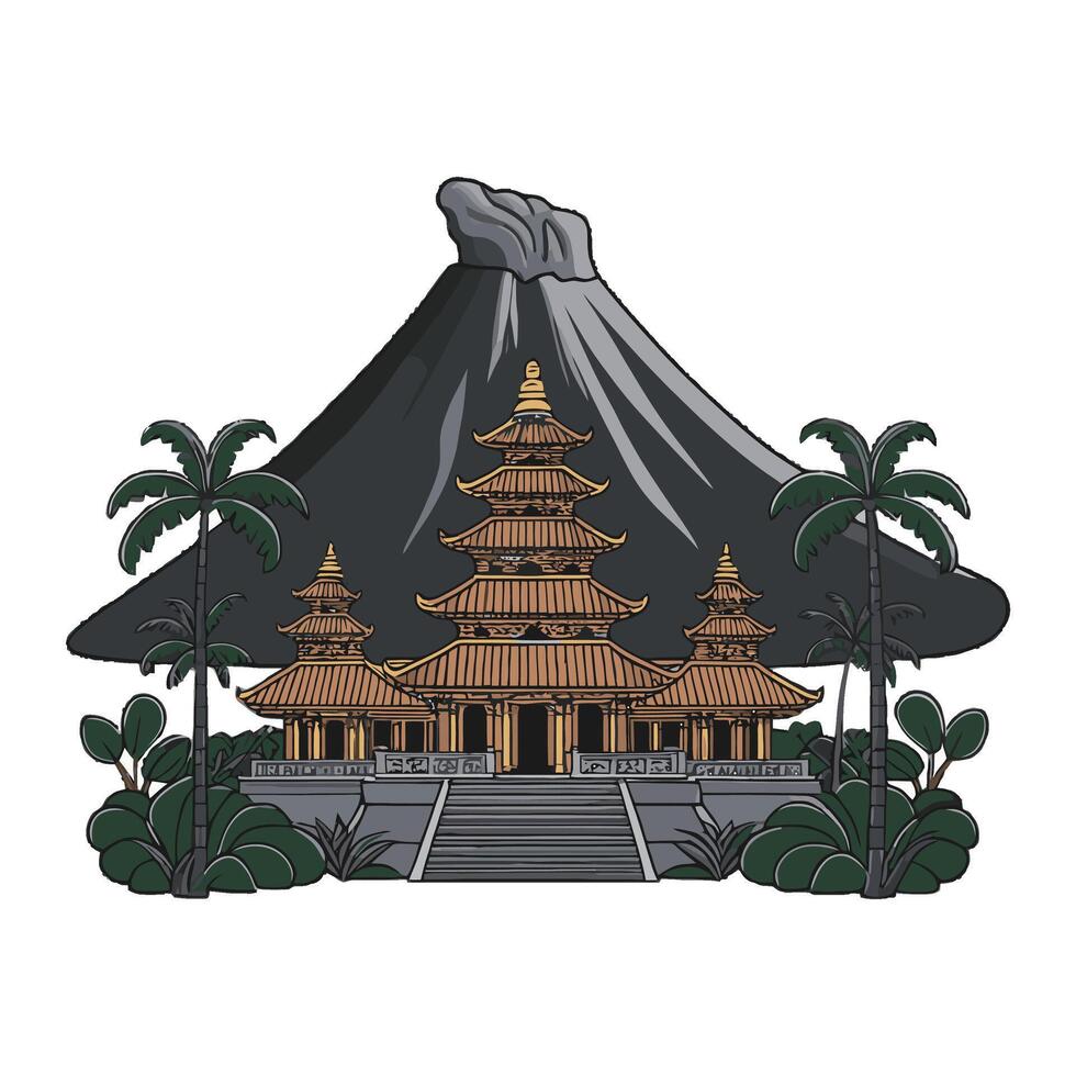 A temple with a volcano in the background vector