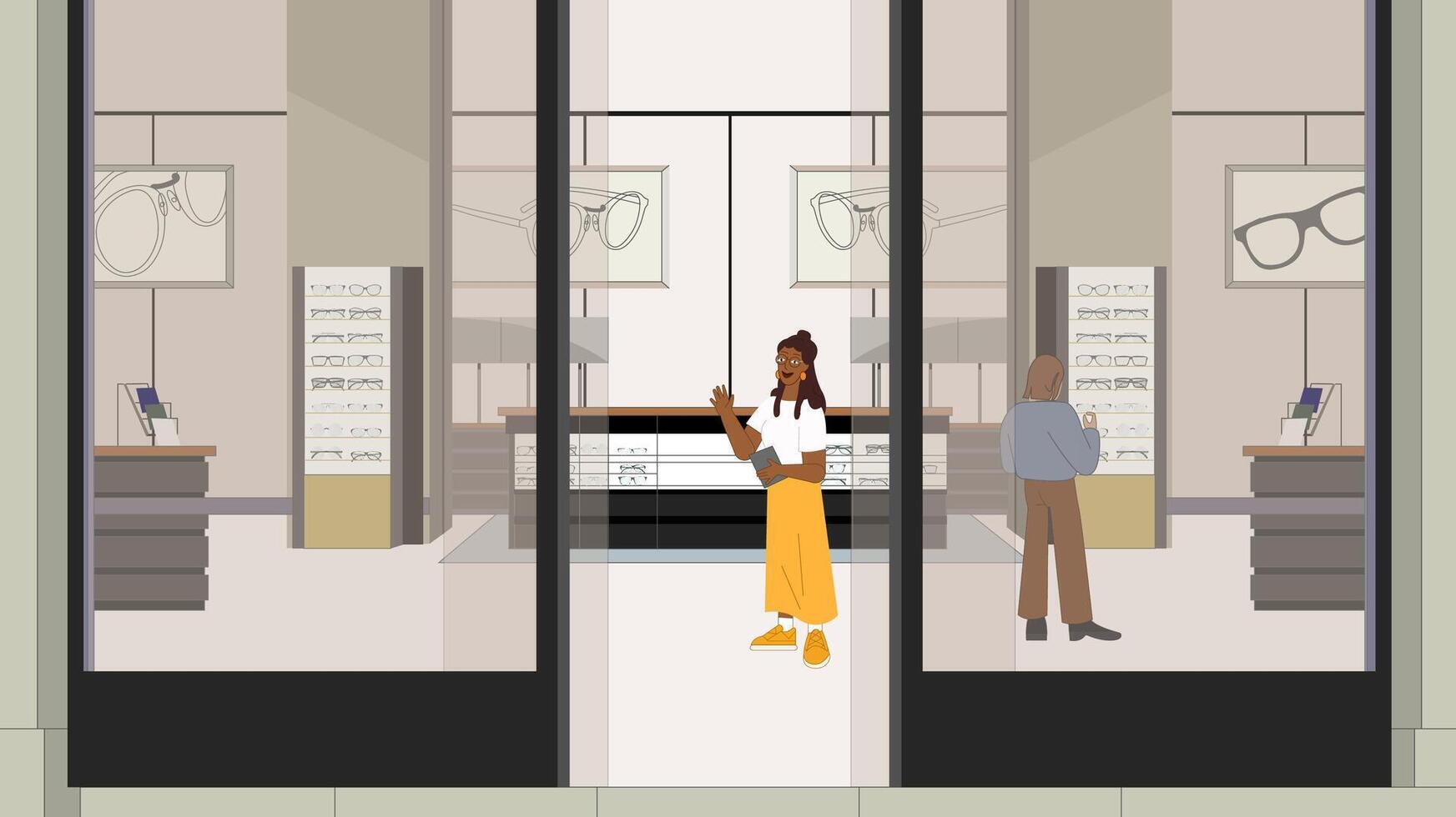 Modern Optical Storefront Design Featuring Customers and Eye-Catching Display Elements vector