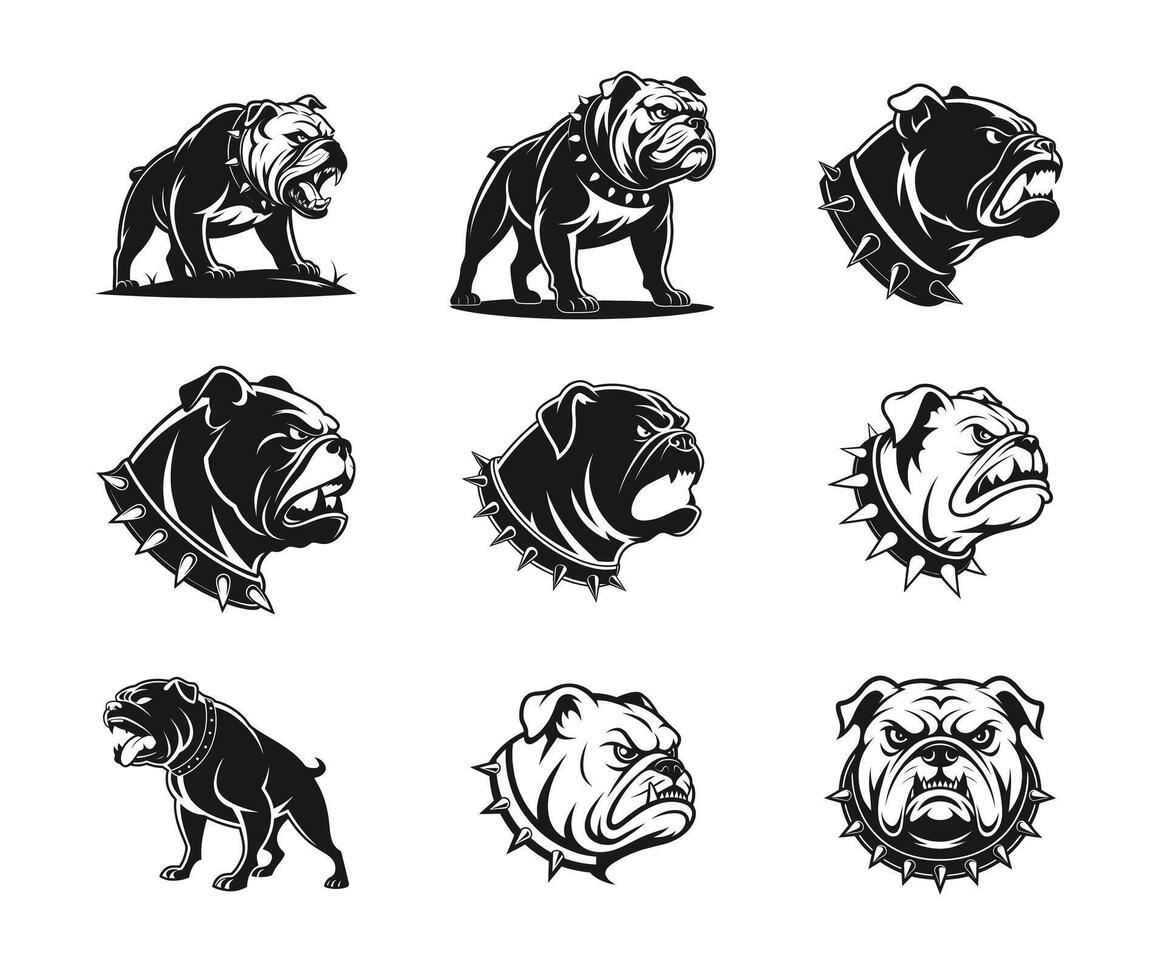 Bulldog Angry Expression Face Silhouette Collection Set vector
