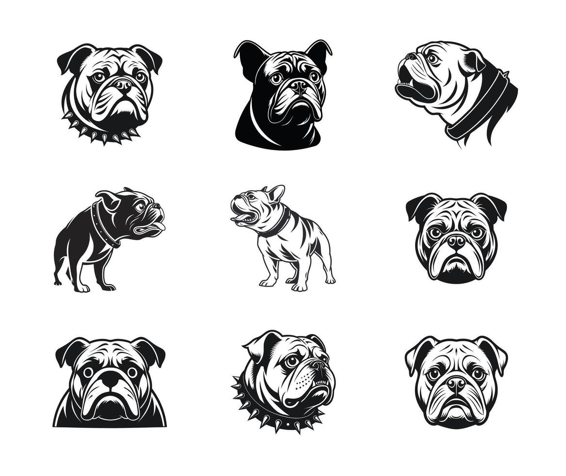 Bulldog Fear Expression Silhouette Artwork Set Bundle vector