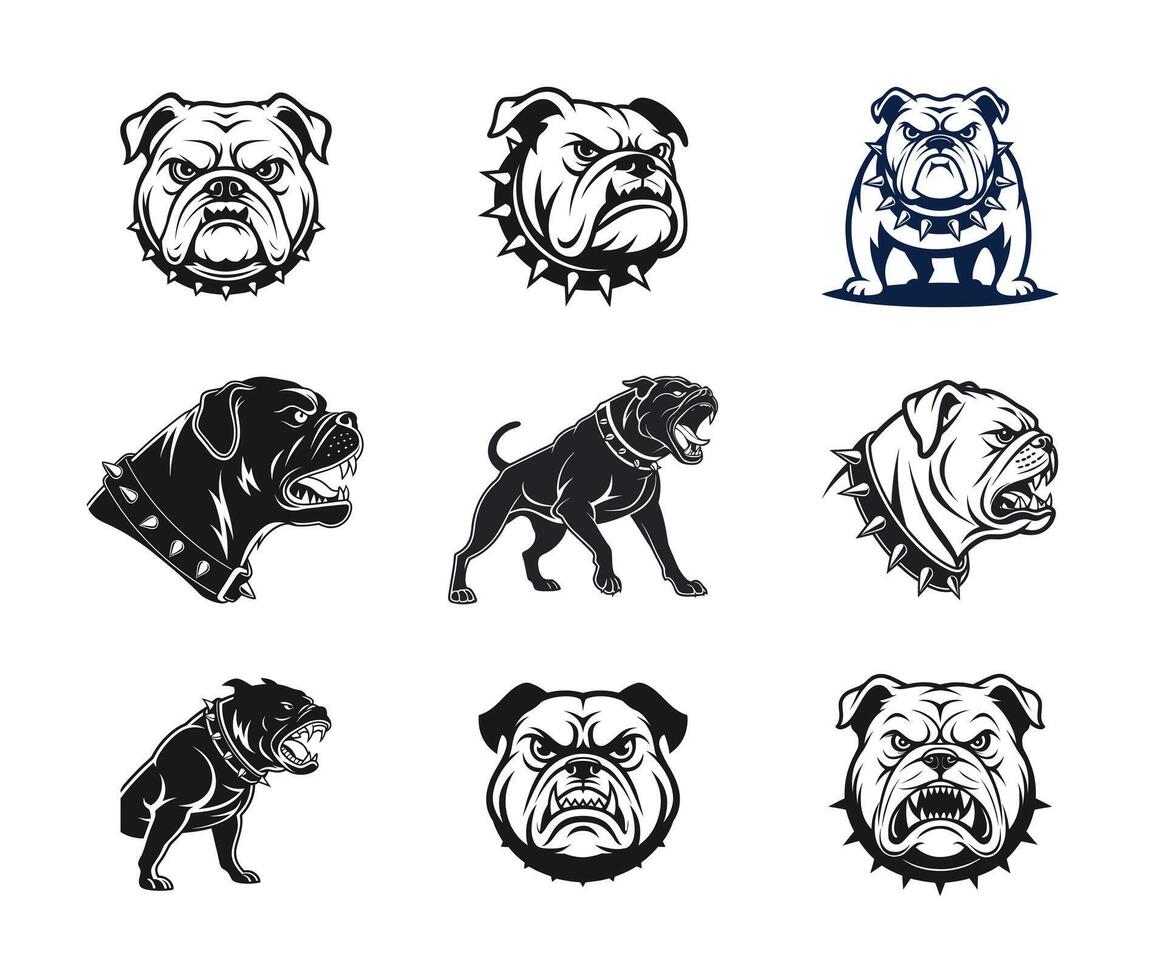 Angry Bulldog Face Silhouette Set Collection vector