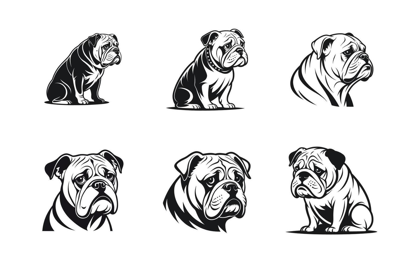 Bulldog in a White Silhouette with a Sad Expression Set Bundle Collection vector