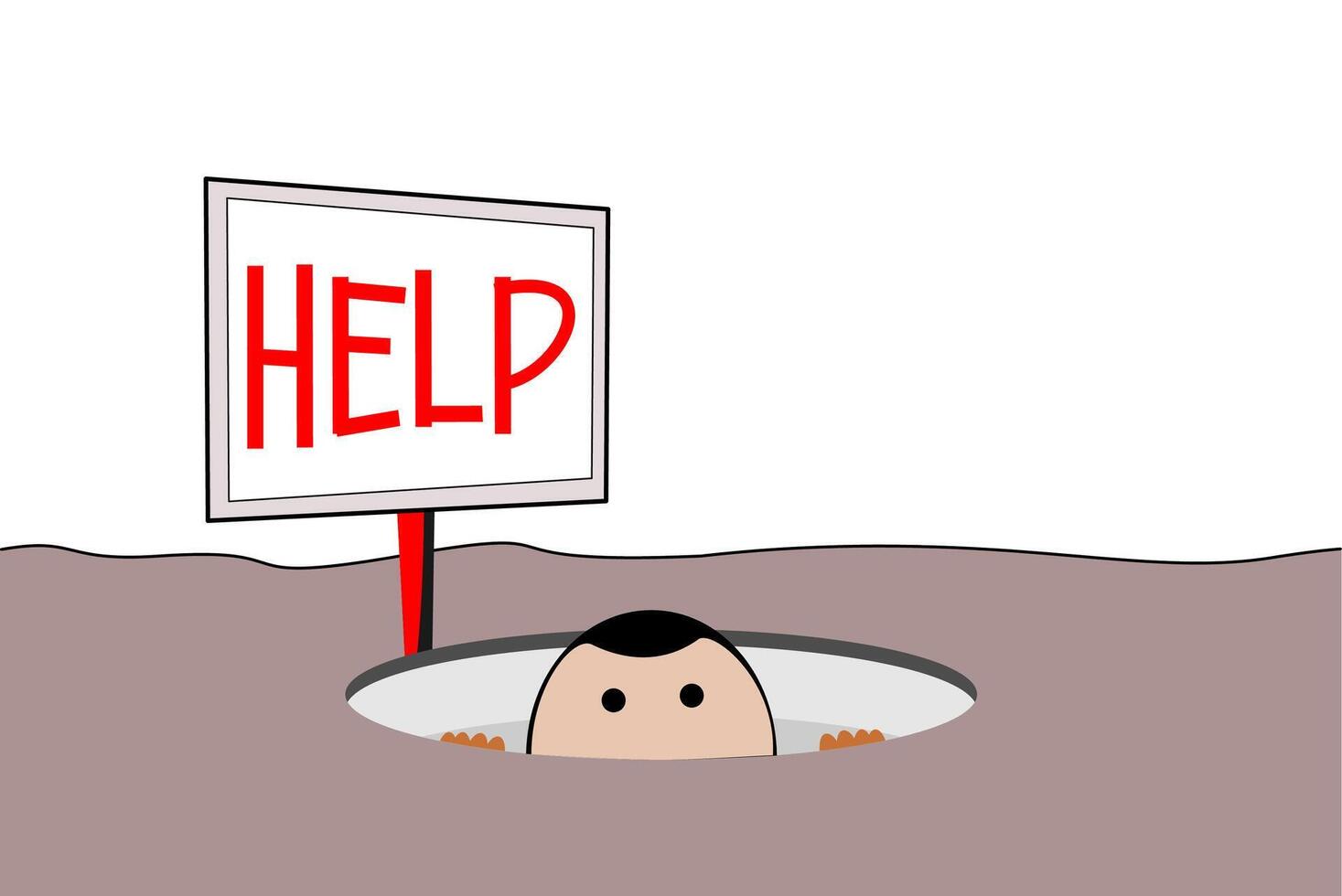 A cartoon character emerges from a hole, signaling for help with a sign. vector