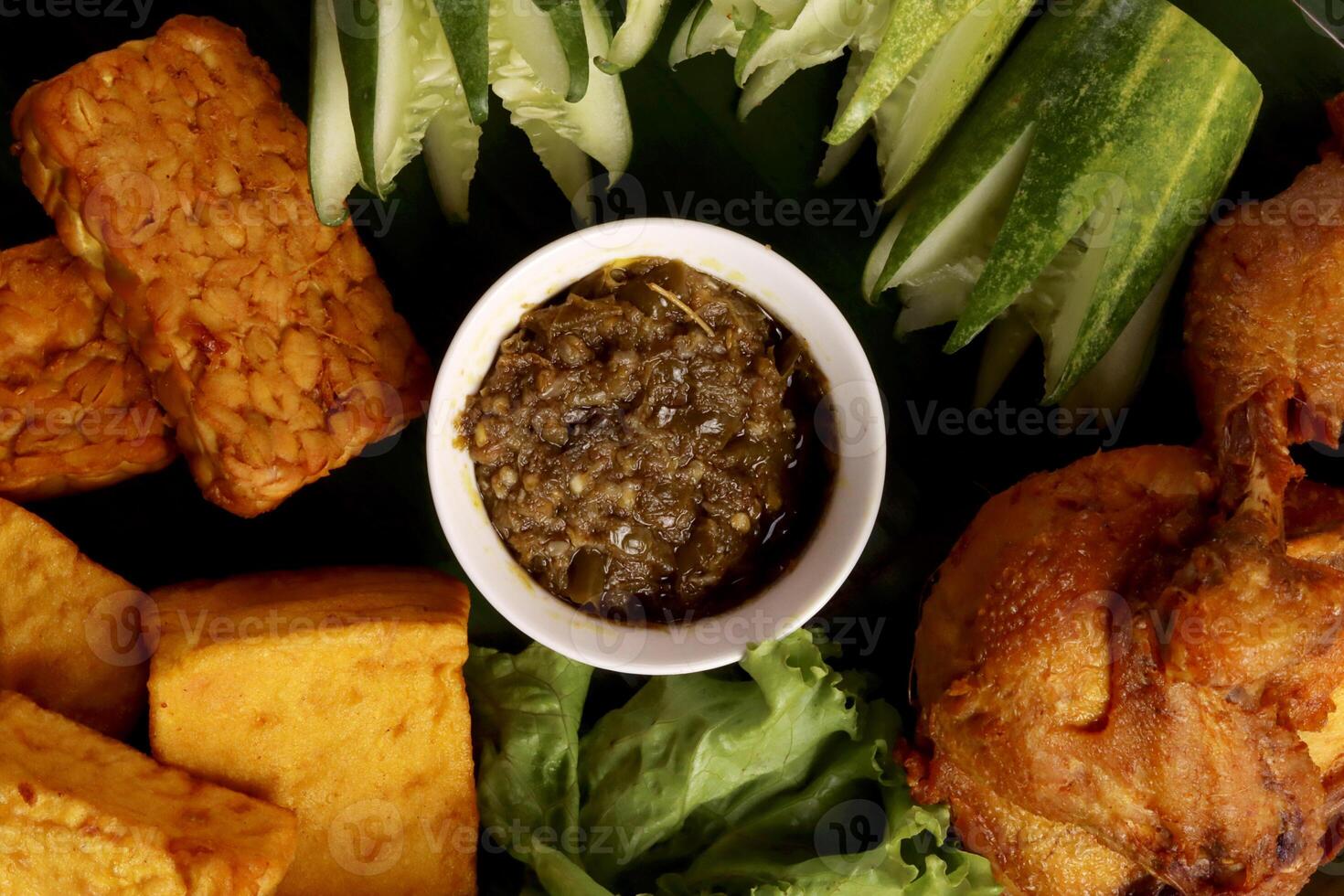 indonesian traditional food culinary business fried chicken ayam goreng cucumber chili sauce asian photo