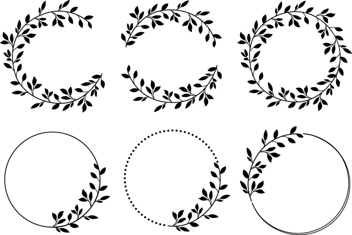 Set of circular shapes adorned with foliage and leaf frames for invitations, holiday decorations, logos, and elegant designs. illustration vector