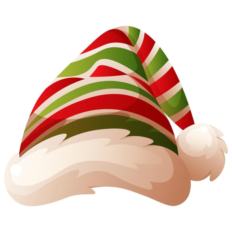 Christmas striped headdress, green red stripes with fur and pompom. Festive red santa claus cap, elf hat, winter hat. illustration for winter holidays design, new year. vector