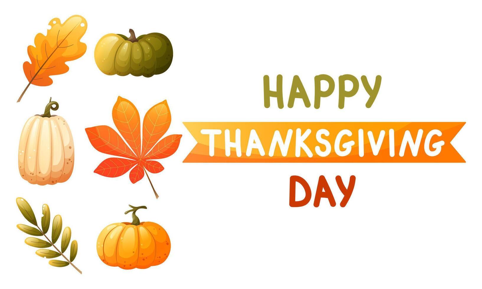 illustration for thanksgiving greeting. Happy Thanksgiving text with autumn leaves and pumpkins. Color illustration for holiday greeting card, invitation, web banner. vector