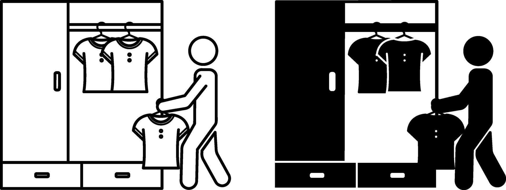 Wardrobe Icons. Black and White Illustration. Man Taking Out a New T-Shirt from a Closet. Clothes. Fashion Concept vector