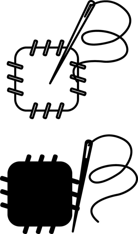 Sewing Icons. Black and White Illustrations. Fabric with Stitches and Needle with Thread. Sewing Clothes. Fashion Concept vector
