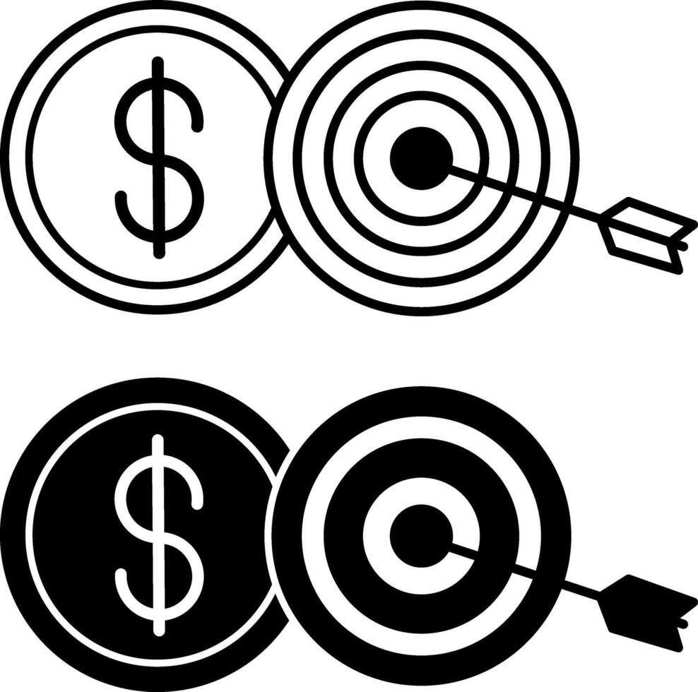Financial Goals Icons. Black and White Illustrations. Arrow in Target and Dollar Coin. Stock Market Concept vector
