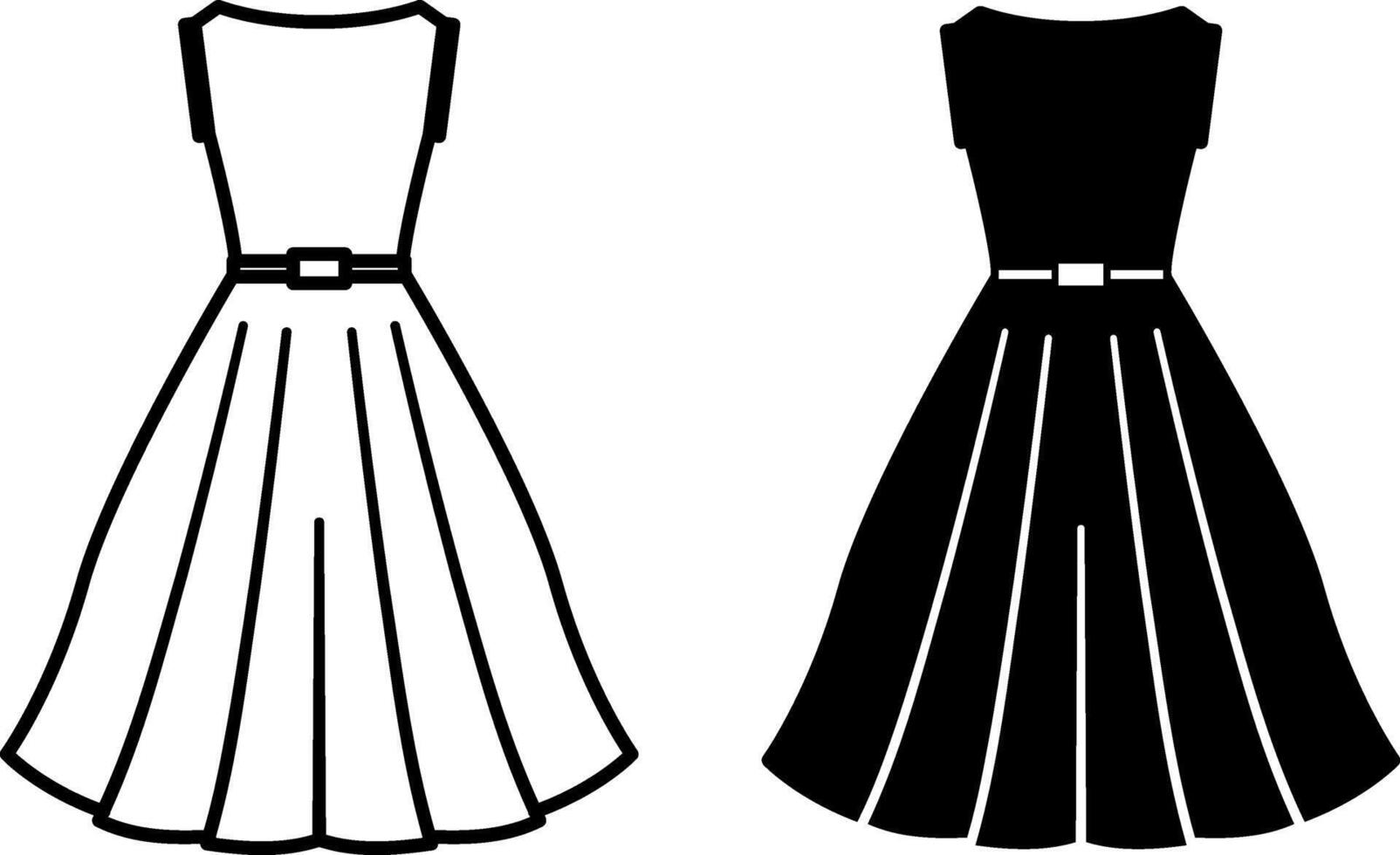 Dress Icons. Black and White Icons. Women Dress with Belt, Clothing Item. Fashion Concept vector