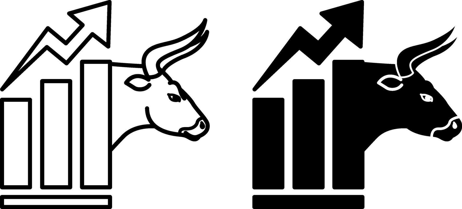 Bull Market Icons. Black And White Illustrations. Stock Price Rising. Arrow On Chart Pointing Up. Bull Head with Horns Stock Market Concept vector
