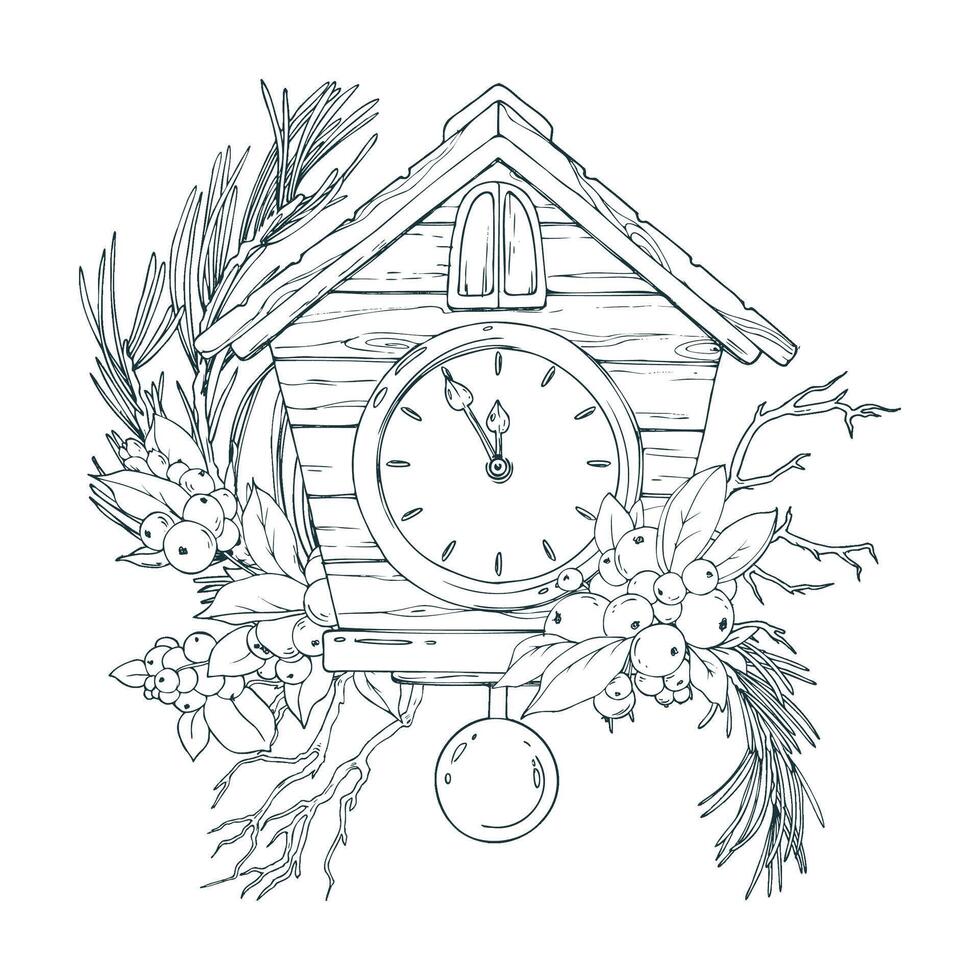 Wooden antique clock with pendulum and dial in the form of a house with fir branches, snowberry. Line art is a simple hand-drawn illustration in black and white ink. Composition arrangement EPS vector