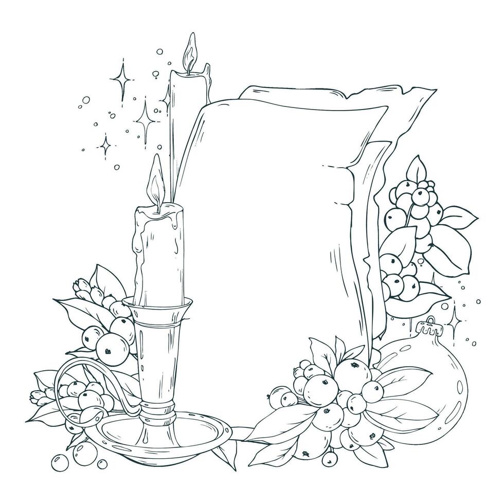 Papyrus paper sheets for text empty with candle in candlestick, snowberry and balls. Line art is a simple hand-drawn illustration in black and white ink. Composition template EPS. Christmas vector