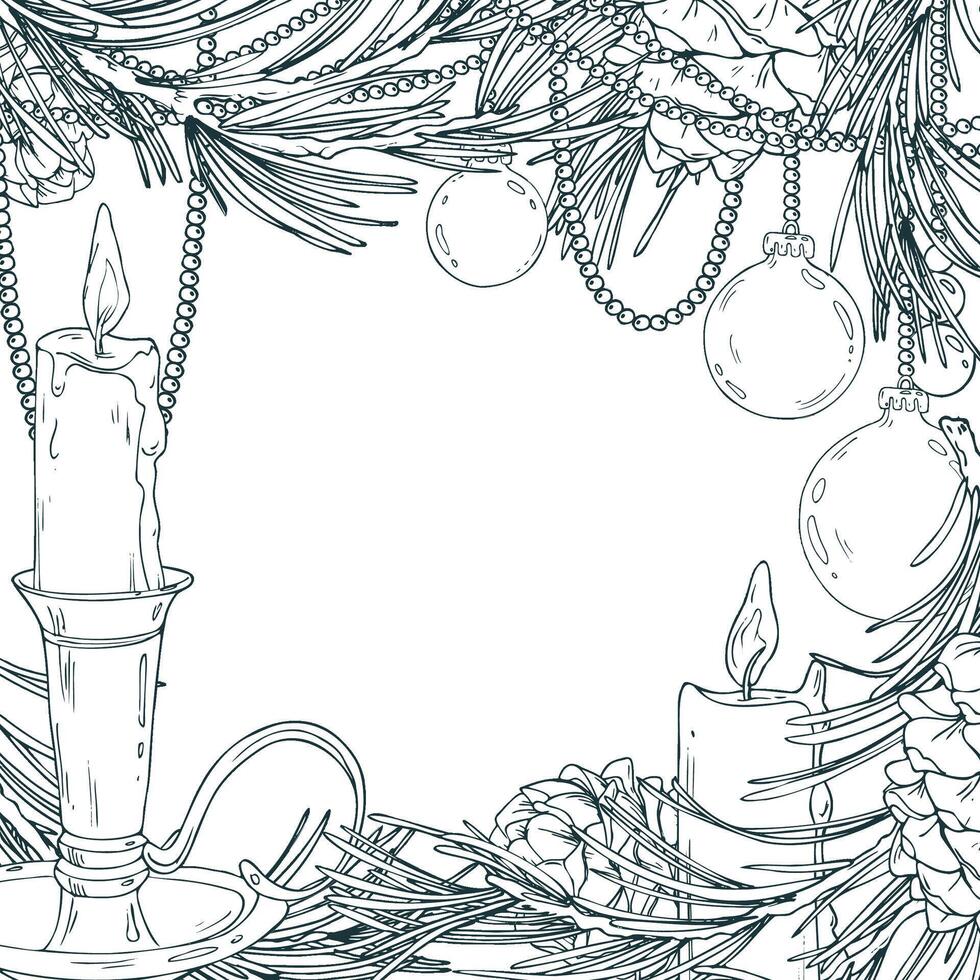 Beads with Christmas balls hanging with pine branches, cones and candles. Line art is a simple hand-drawn illustration in black and white ink. Template, frame, decorative framing EPS vector
