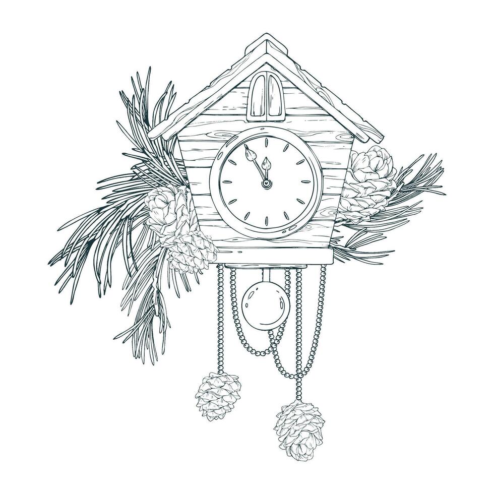 Wooden clock with pendulum and dial in the form of a house with beads pine branches and cones. Line art is a simple hand-drawn illustration in black and white ink. Composition arrangement vector