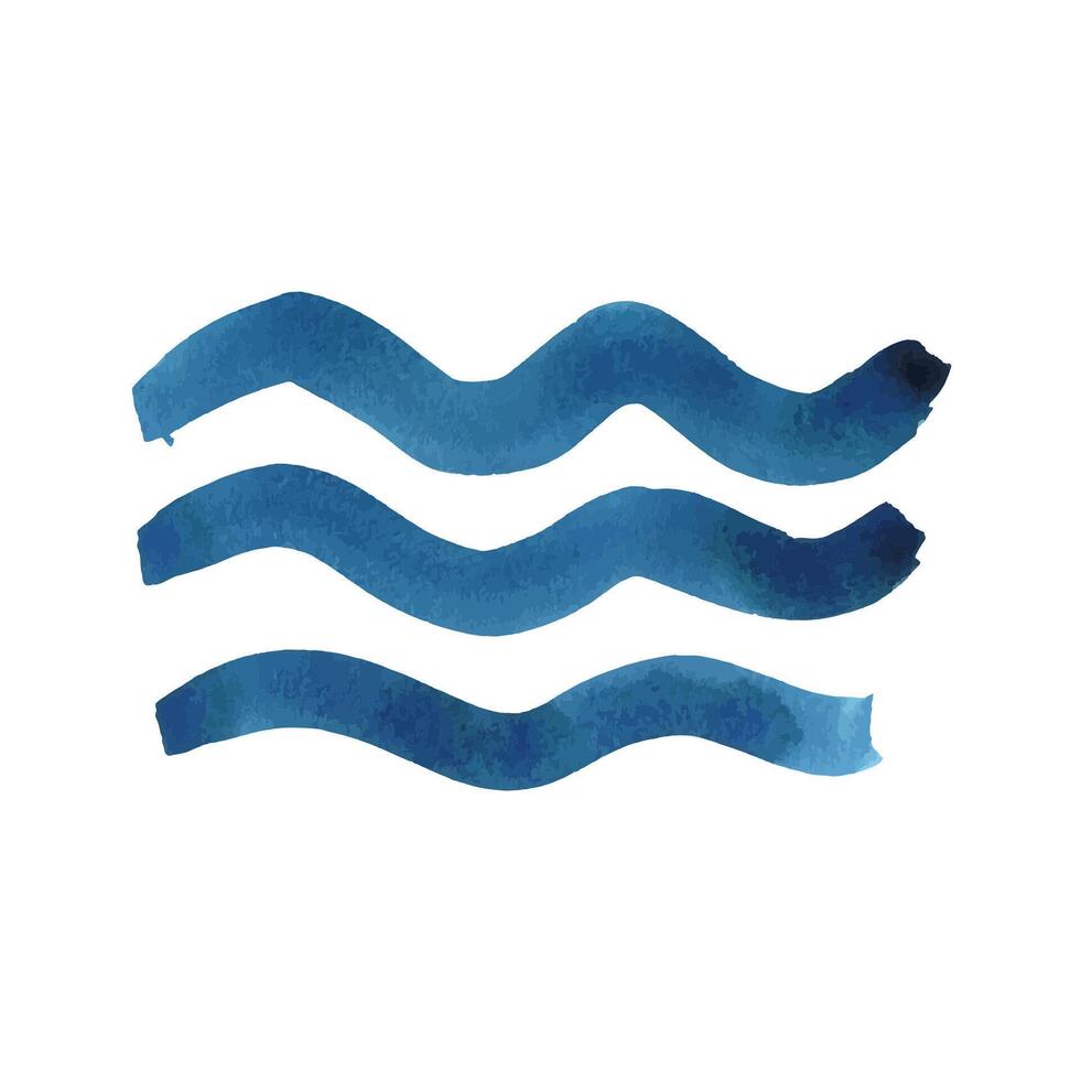 Blue waves of water, sea, ocean. Watercolor illustration hand-painted in children s style with brush strokes. Set of isolated objects on a white background. vector