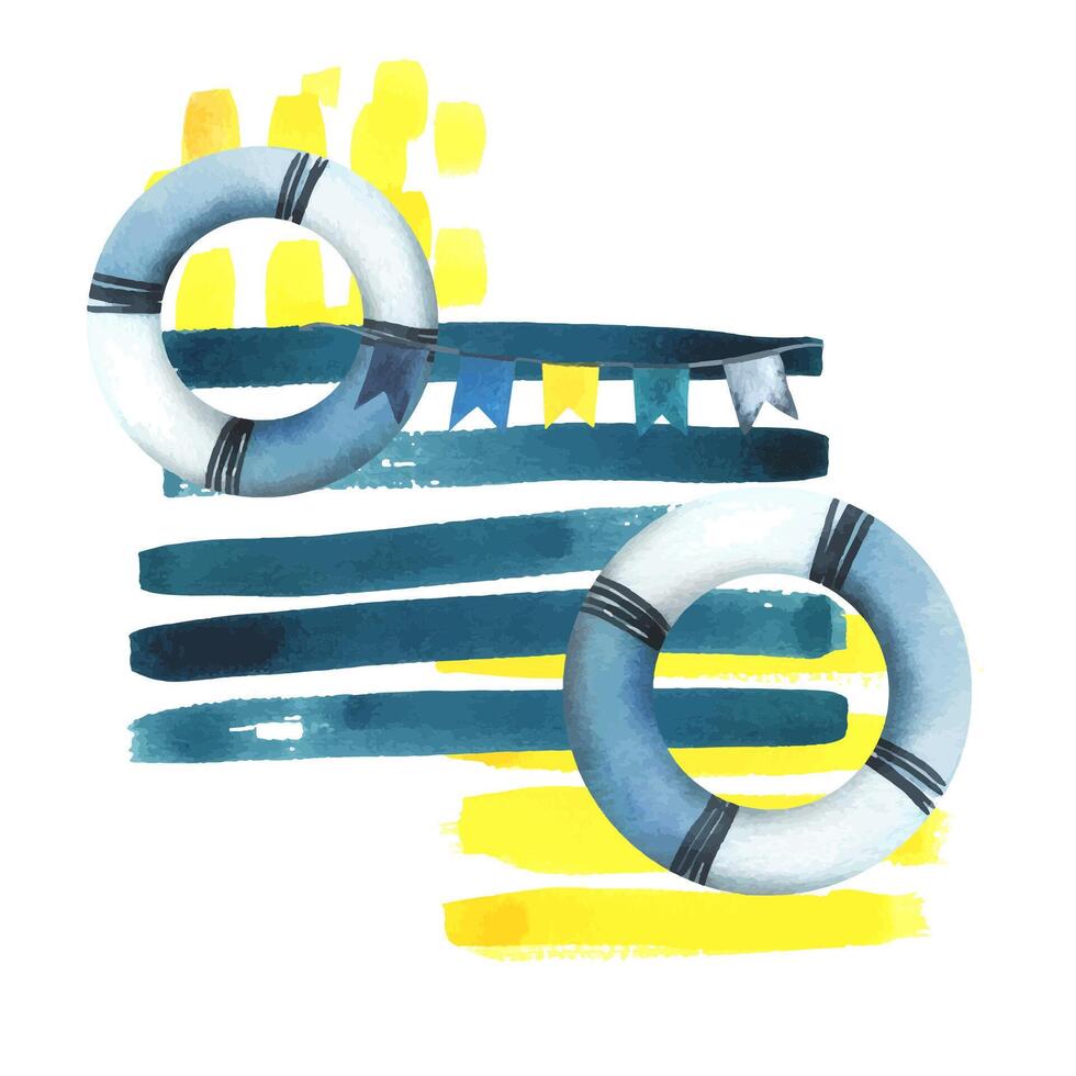 A blue and white lifebuoys with a garland of flags against a background of nautical turquoise and yellow stripes. Watercolor illustration drawn in a childish style. Composition on white background vector