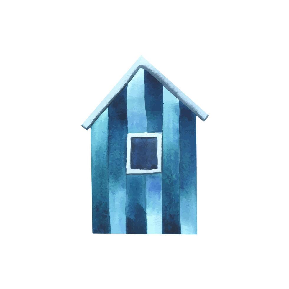 Blue wooden striped cabin beach cabana in scandinavian style. Watercolor illustration hand drawn in children s style. Isolated object on a white background. vector