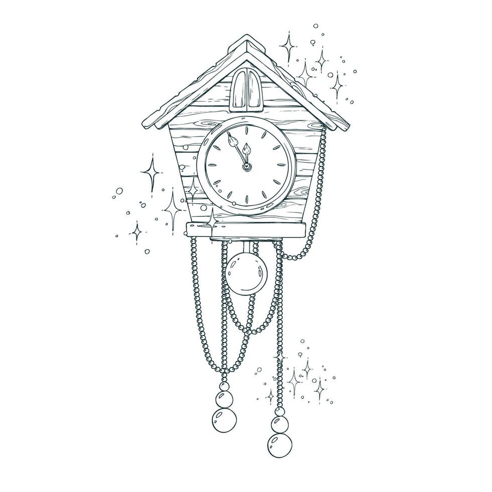 Wooden clock with a pendulum in the form of a house with beads. Line art is a simple hand-drawn illustration in black and white ink. Composition arrangement EPS. Christmas, New Year vector