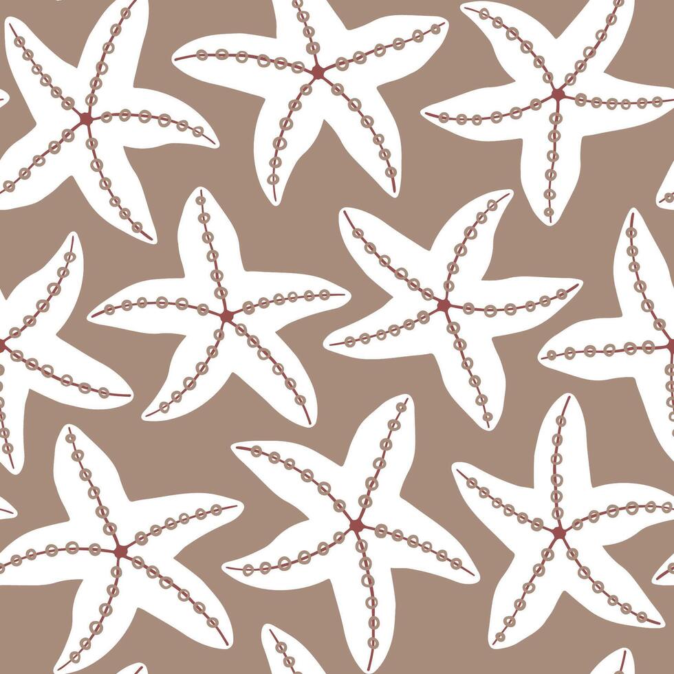 Sea star seamless pattern on mocha brown background. Elegant starfish repeat pattern. Summer, beach, travel, abstract nautical background. Coastal vibes. vector