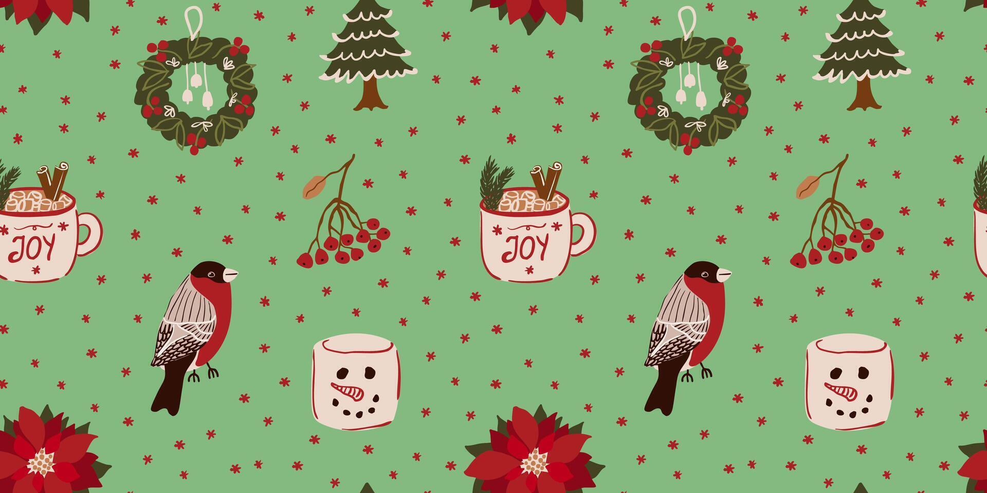 Cozy Christmas seamless pattern with bullfinch bird, rowanberries, tree, hot cholocate in a mug, holiday wreath, poinsettia flower and marshmallow snowman. Cute winter holiday season background. vector