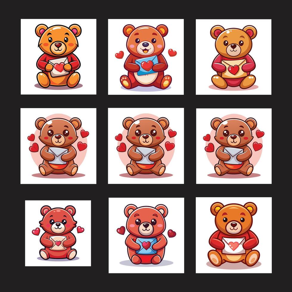 Valentine's day teddy bear icons set vector