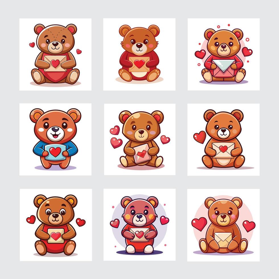 Valentine's day teddy bear set of stickers vector
