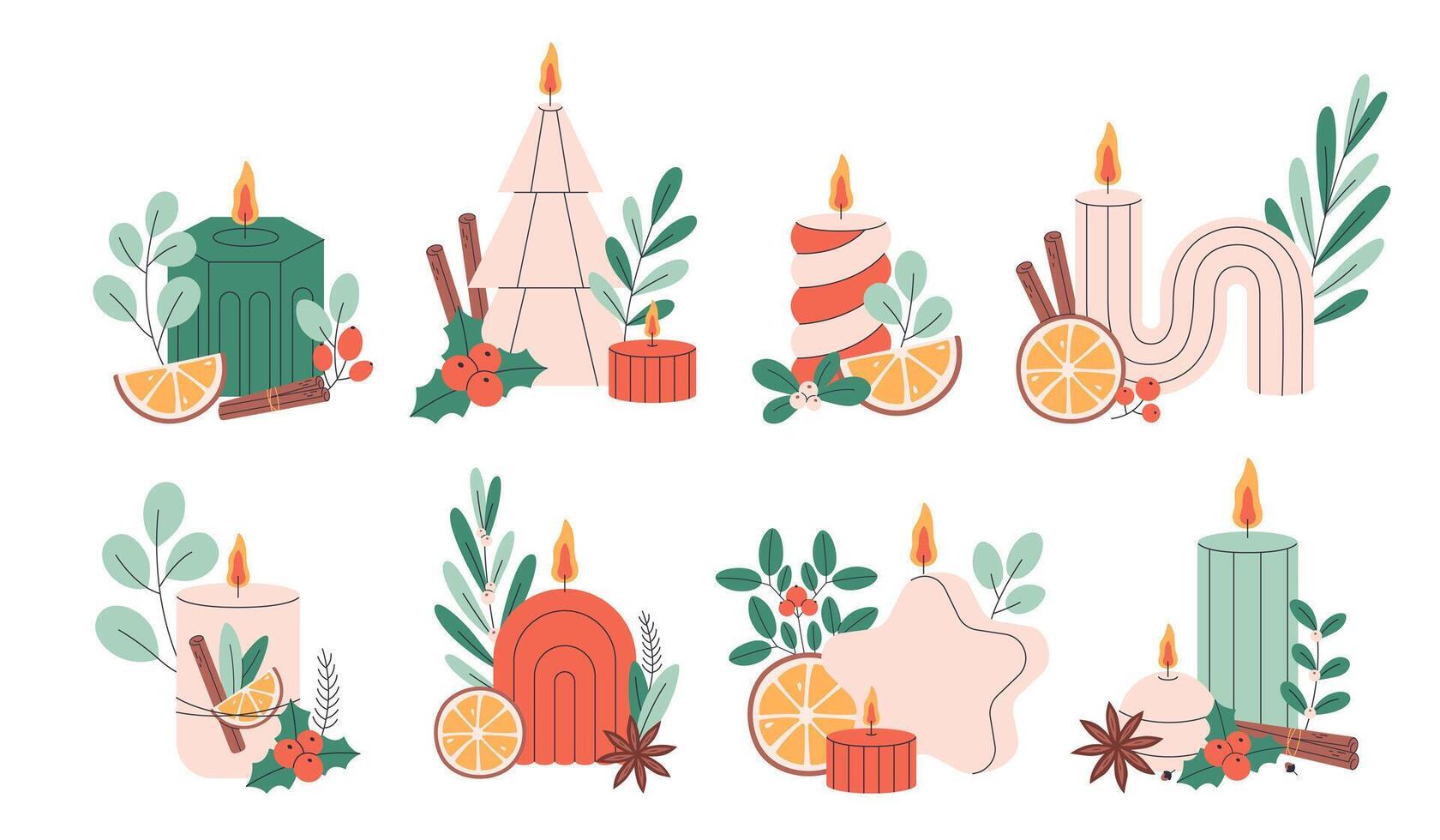 Christmas candles. Hand drawn candles with Christmas floral decorations, cinnamon, orange vector