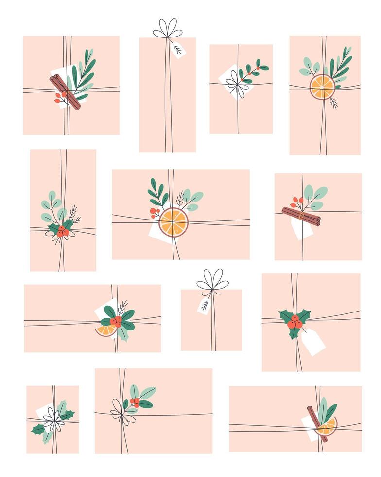 Gift boxes with with Christmas floral decorations. Christmas presents. vector