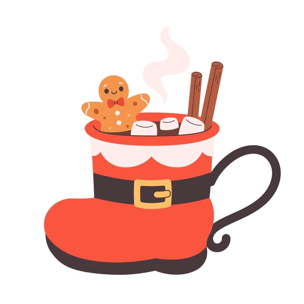 Winter Christmas hot drink decorated with sweets, marshmallows, cinnamon, gingerbread. Cute Christmas mug in the shape of Santa's boot vector