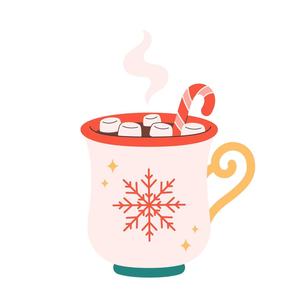 Winter Christmas hot drink decorated with marshmallows and candy cane. Cute Christmas mug with snowflake. vector
