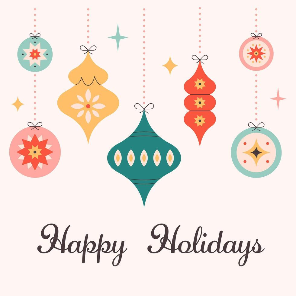 Happy Holidays greeting card with Christmas tree toys. Winter holiday background for congratulations. vector