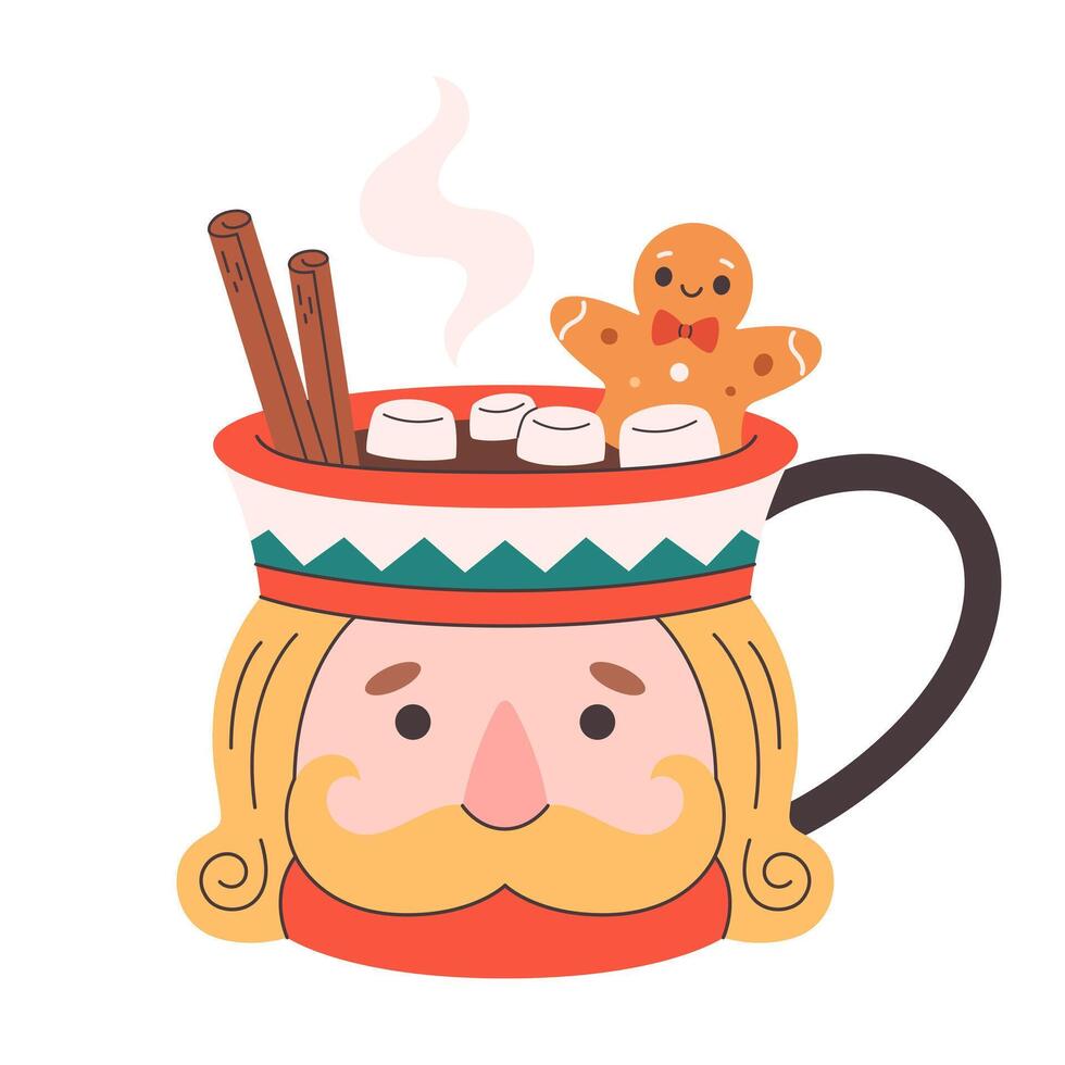 Winter Christmas hot drink decorated with sweets, marshmallows, cinnamon, gingerbread. Cute Christmas mug in the shape of Nutcracker. vector