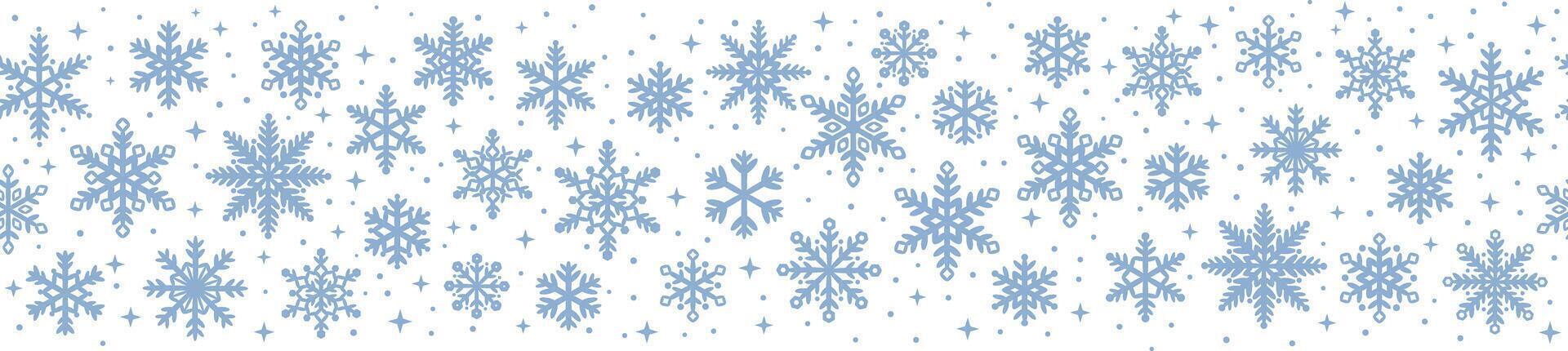 Blue snow banner, snowflake borer seamless repeating decorative pattern element, winter holiday Christmas or New Year greeting template vector
