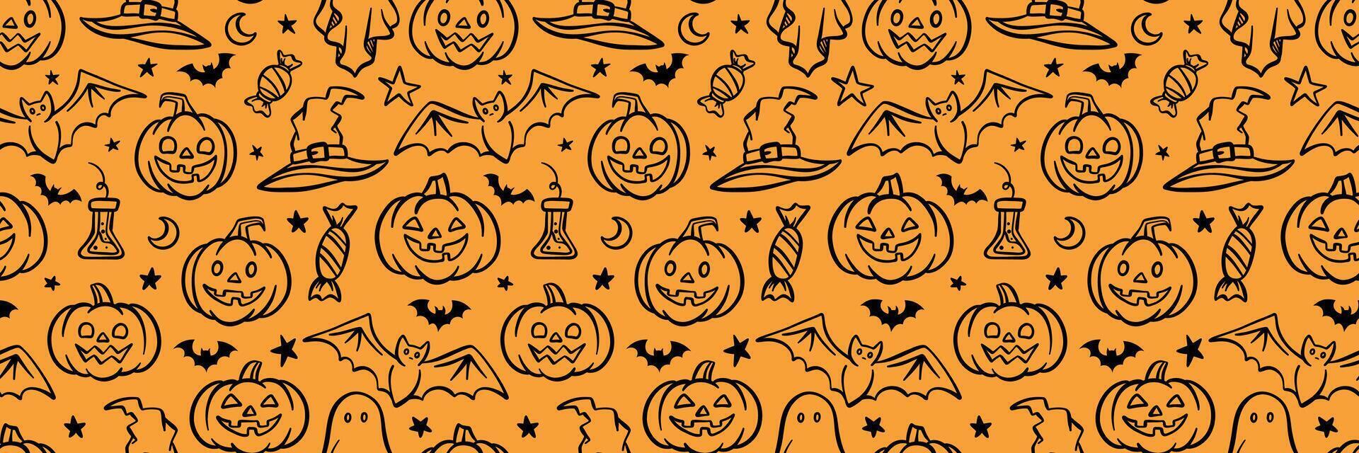 Cute Halloween pumpkin seamless pattern background, orange banner with cartoon illustrations, wide horizontal repeat tile vector