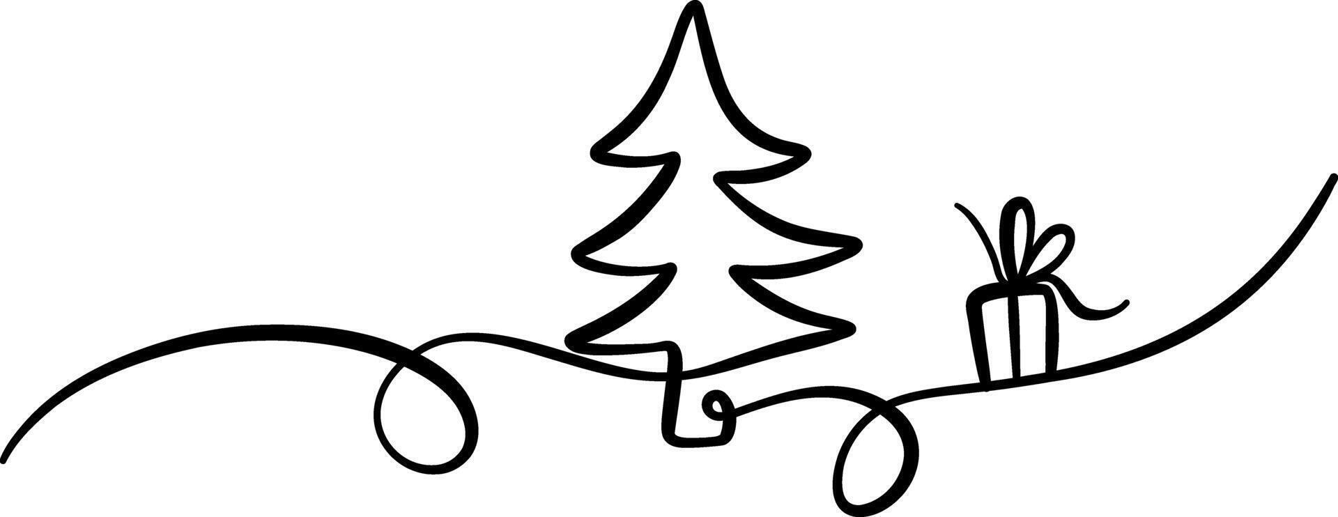 Christmas decorative line art banner, pine tree swirl ink flourish clip art vector