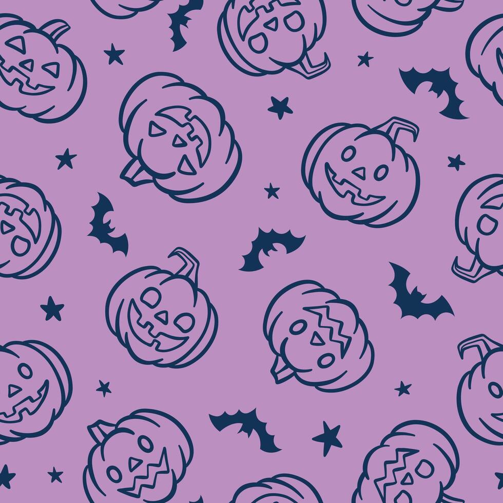 Purple Halloween pumpkin seamless repeat pattern, cartoon line art illustration cute lantern print design vector