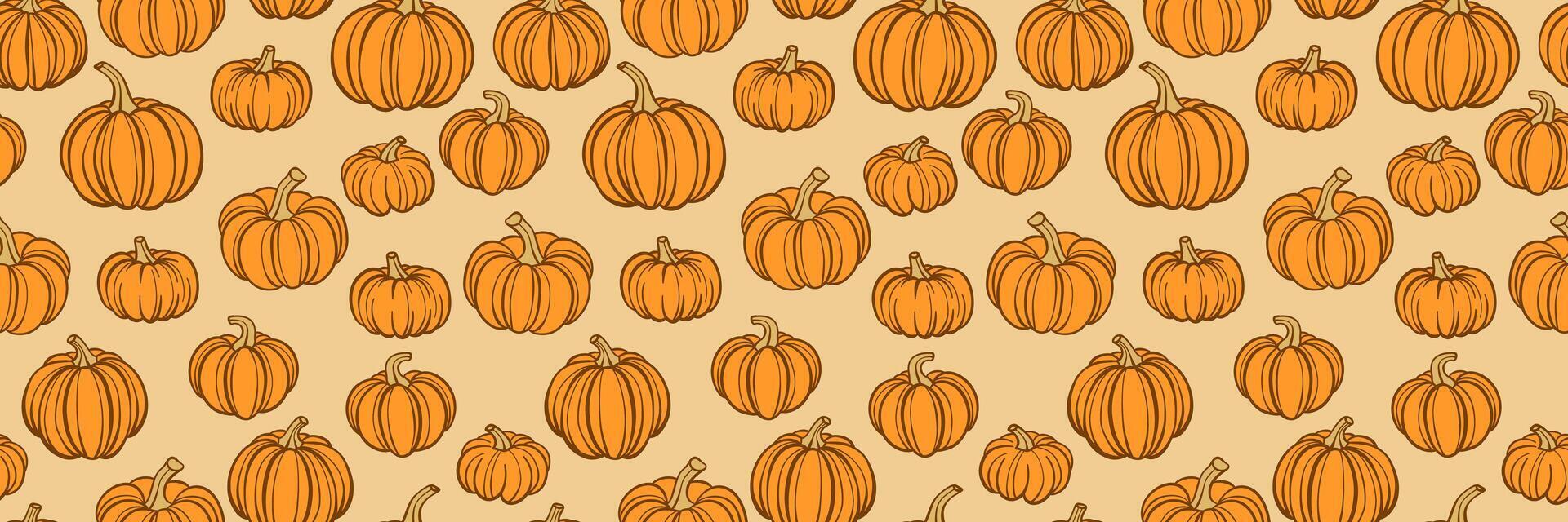 Halloween or Thanksgiving pumpkin banner, orange seamless repeating pattern, wide horizontal border or cover design concept vector